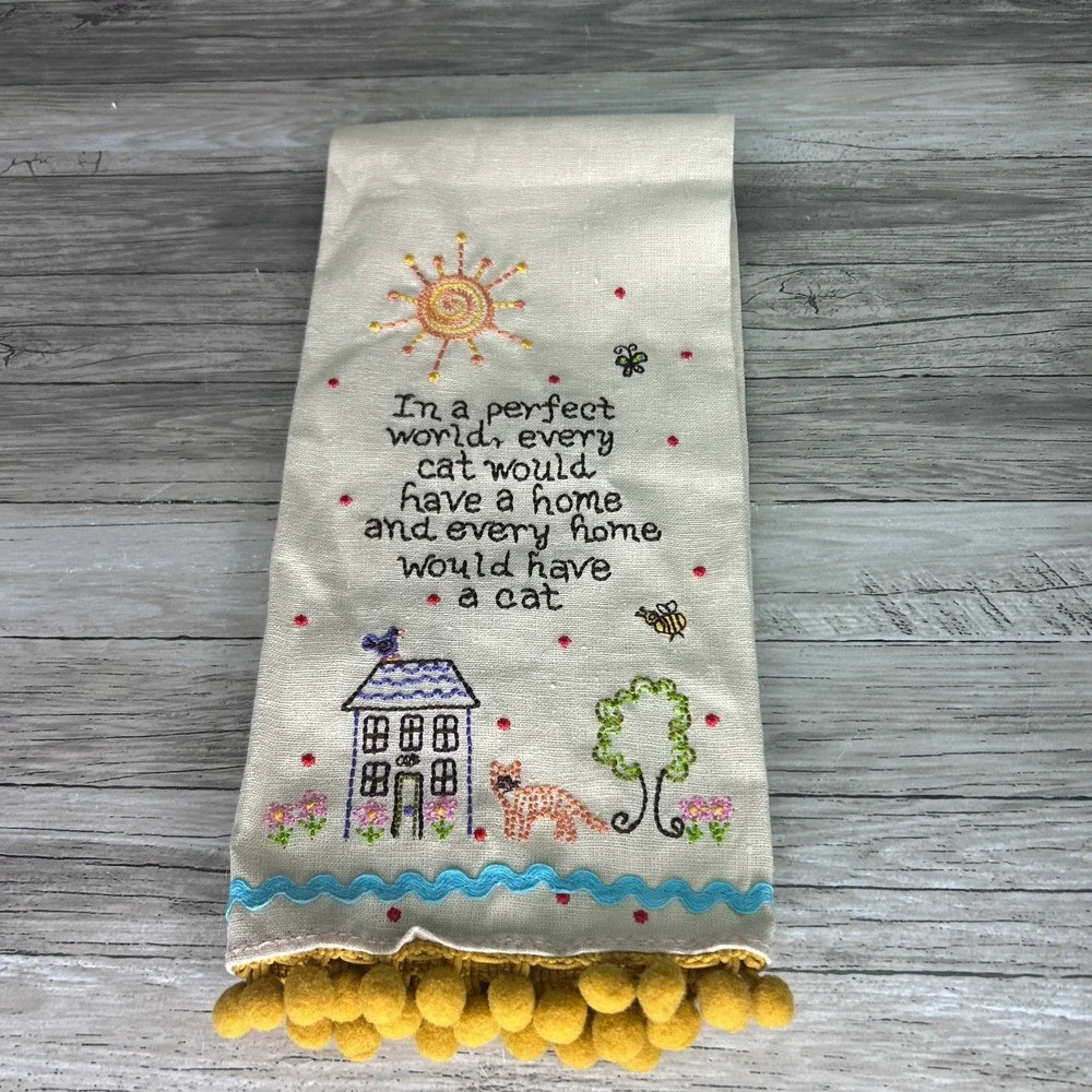 Natural Life Tea Dish Towel Embroidered Boho Cat Lover Gift